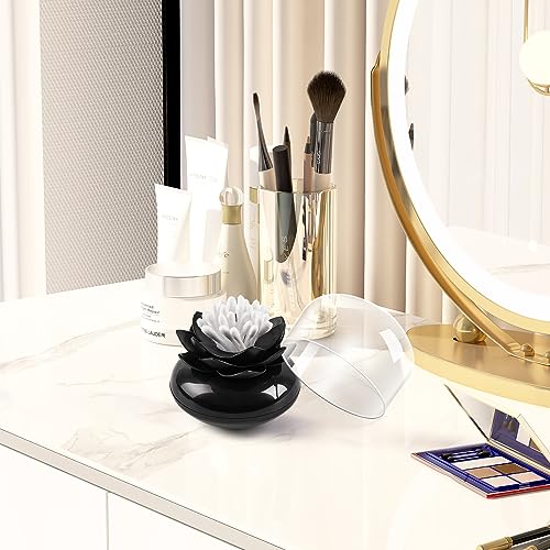 Bloss Lotus Cotton Swab Holder Cotton Swabs Bud Small QTips Box Toothpicks Container Flower Bathroom Decor - Black - Image 2
