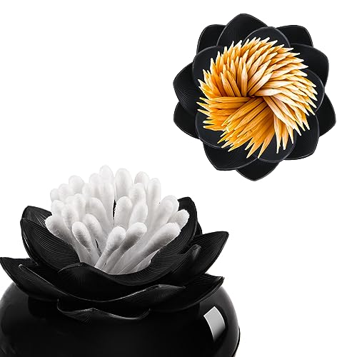 Bloss Lotus Cotton Swab Holder Cotton Swabs Bud Small QTips Box Toothpicks Container Flower Bathroom Decor - Black - Image 3