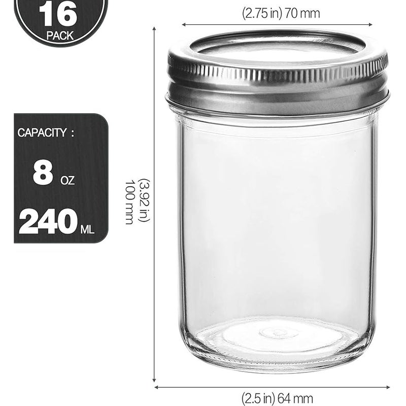 كاموتا KAMOTA Mason Jars, 8 oz Glass Jars With Regular Lids and Bands, Ideal for Jam, Honey, Wedding Favors, Shower Favors,DIY Spice Jars, 16 Pack, Extra 16 Lids & 20 Whiteboard Labels - Image 2