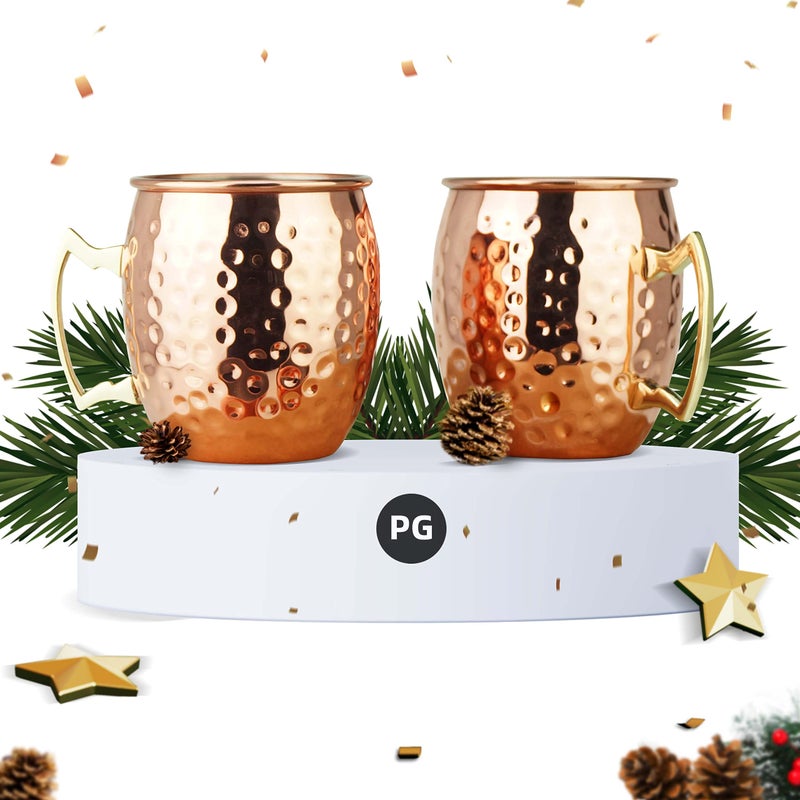PG Moscow Mule Mugs Large Size 19 ounces Set of 2 Hammered Cups Stainless Steel Lining Pure Copper Plating Gold Brass Handle 37 inches Diameter x 4 inches Tall