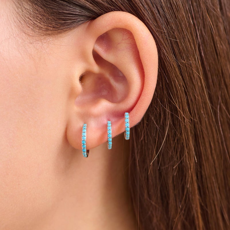 NOKMIT Turquoise Hoop Earrings 8/10/12mm Sterling Silver Huggie Cartilage Cuff Earrings Small Blue Gemstone Earrings Set Jewelry Gifts for Women (Turquoise) - Image 3