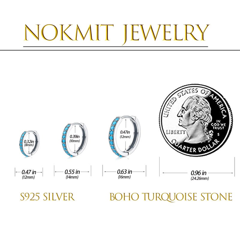 NOKMIT Turquoise Hoop Earrings 8/10/12mm Sterling Silver Huggie Cartilage Cuff Earrings Small Blue Gemstone Earrings Set Jewelry Gifts for Women (Turquoise) - Image 2