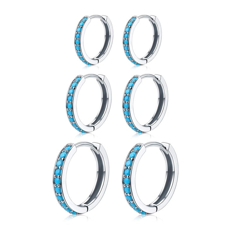 NOKMIT Turquoise Hoop Earrings 8/10/12mm Sterling Silver Huggie Cartilage Cuff Earrings Small Blue Gemstone Earrings Set Jewelry Gifts for Women (Turquoise) - Image 1