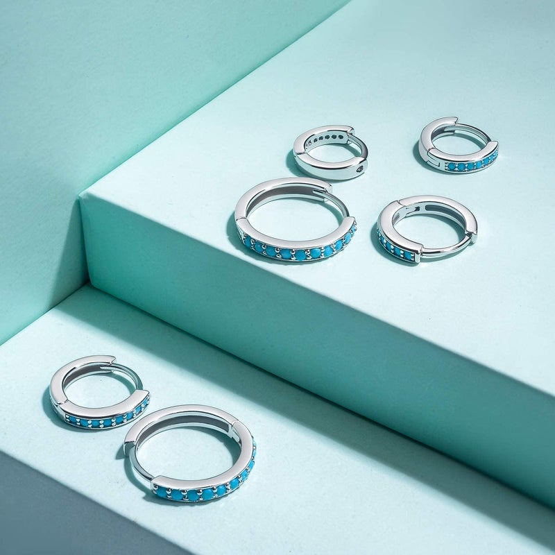 NOKMIT Turquoise Hoop Earrings 8/10/12mm Sterling Silver Huggie Cartilage Cuff Earrings Small Blue Gemstone Earrings Set Jewelry Gifts for Women (Turquoise) - Image 5