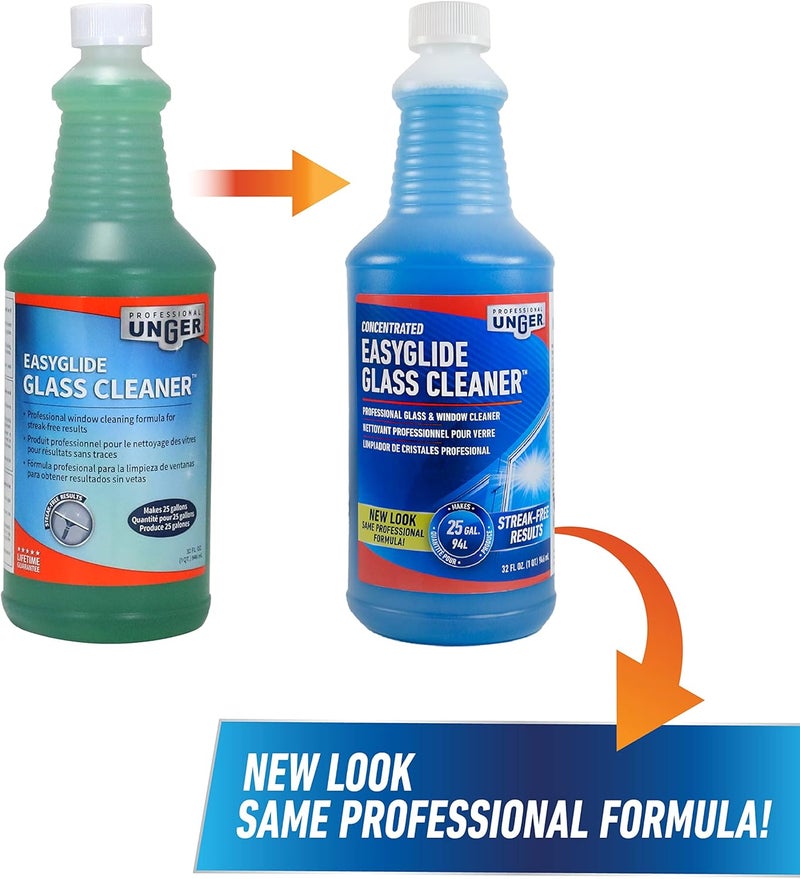 أنجر مركز تنظيف الزجاج Unger Professional Streak-Free EasyGlide، 32 أونصة – خالٍ من الأمونيا، يُنتج 25 جالونًا من المحلول، آمن على النوافذ الملونة، زجاج LOW-E، الزجاج الأمامي والمرايا - Image 1