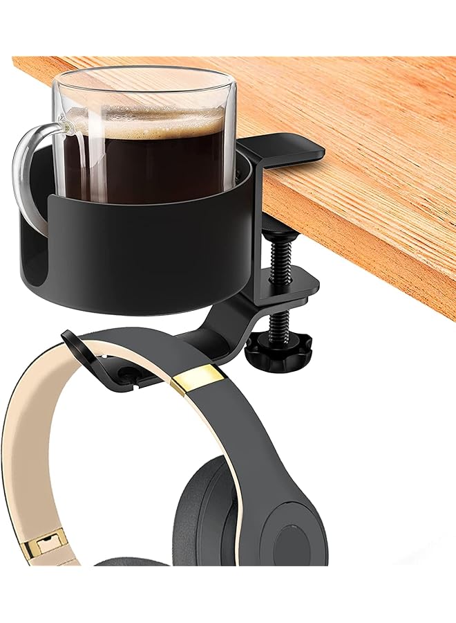 erorex Desk Cup Holder Anti Spill Cup Holder Clamp 2 In 1 Desk Cup Holder With Rotatable Headphone Hanger Holder Clip On Cup Holder Easy Installation For Water Bottles Backpack Cup  - Image 1
