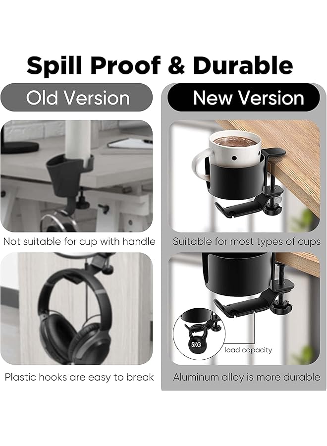 erorex Desk Cup Holder Anti Spill Cup Holder Clamp 2 In 1 Desk Cup Holder With Rotatable Headphone Hanger Holder Clip On Cup Holder Easy Installation For Water Bottles Backpack Cup  - Image 3