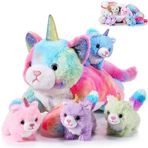 Harrycle 5 Pieces Caticorn Plush Toy Set 16 Inch Mommy Cat Unicorn Stuffed Animal with 4 Cute Plush Baby Kittens Pastel Rainbow Caticorn Toy Set for Boys Girls Birthday Gift Kpop Party Favors - Image 1