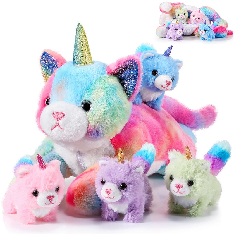 Harrycle 5 Pieces Caticorn Plush Toy Set 16 Inch Mommy Cat Unicorn Stuffed Animal with 4 Cute Plush Baby Kittens Pastel Rainbow Caticorn Toy Set for Boys Girls Birthday Gift Kpop Party Favors - Image 2