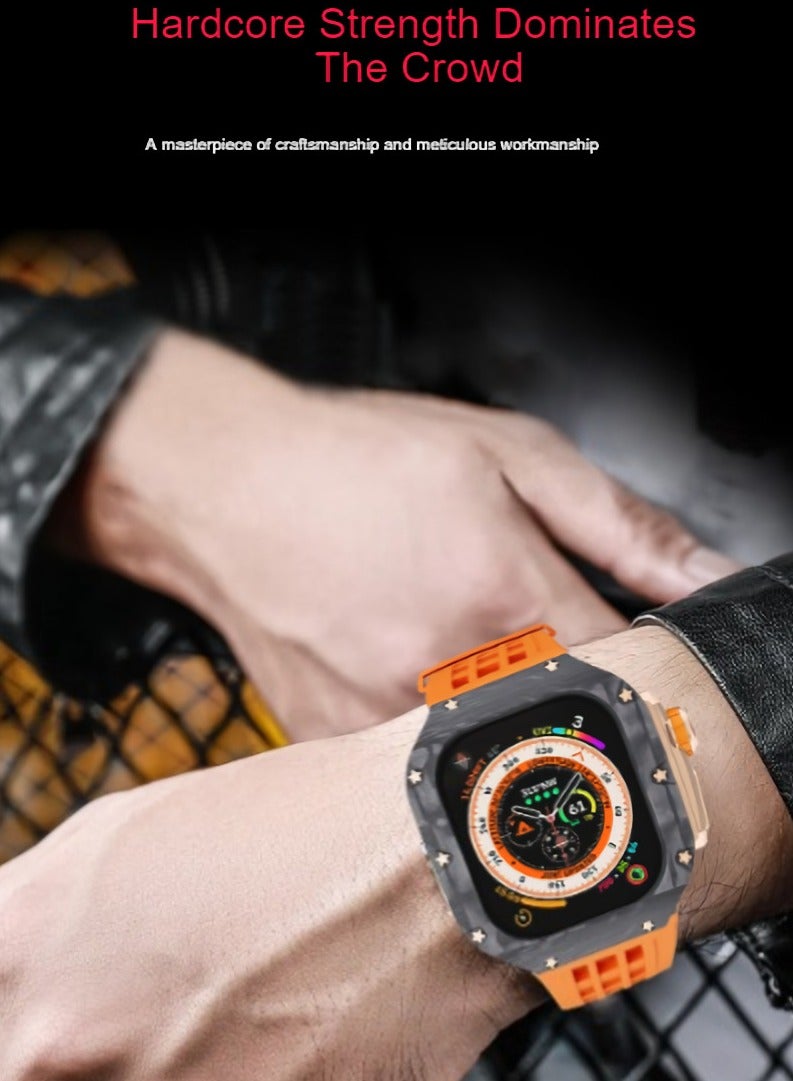 AROAQ Carbon Fiber Case For Apple Watch, 49mm Fluororubber Band Metal Bazel For Iwatch, Ultra Titanium Alloy Integrated Protective Case, (Carbon shell-silver titanium frame-orange tape) - Image 2