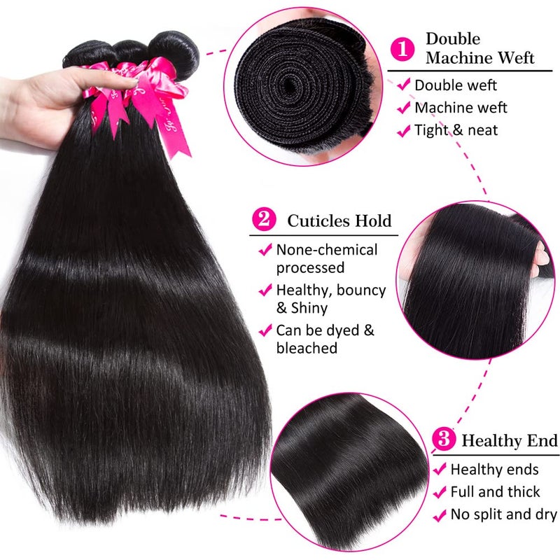 Subella Straight Hair 3 Bundles with Closure (14 16 18+12) 10A Unprocessed Brazilian Virgin Human Hair Bundles with Lace Closure Free Part - Image 5