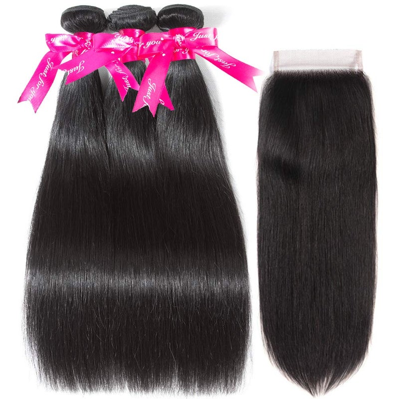 Subella Straight Hair 3 Bundles with Closure (14 16 18+12) 10A Unprocessed Brazilian Virgin Human Hair Bundles with Lace Closure Free Part - Image 2
