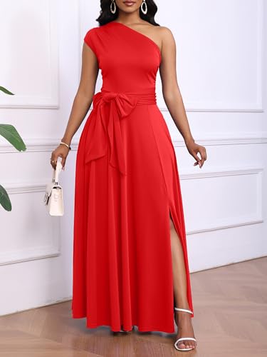 Ekaliy Women's One Shoulder A Line Flowy Maxi Dress for Prom Evening Gown Graduation 2025 Red 3XL - Image 2