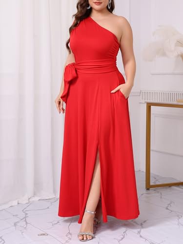 Ekaliy Women's One Shoulder A Line Flowy Maxi Dress for Prom Evening Gown Graduation 2025 Red 3XL - Image 4