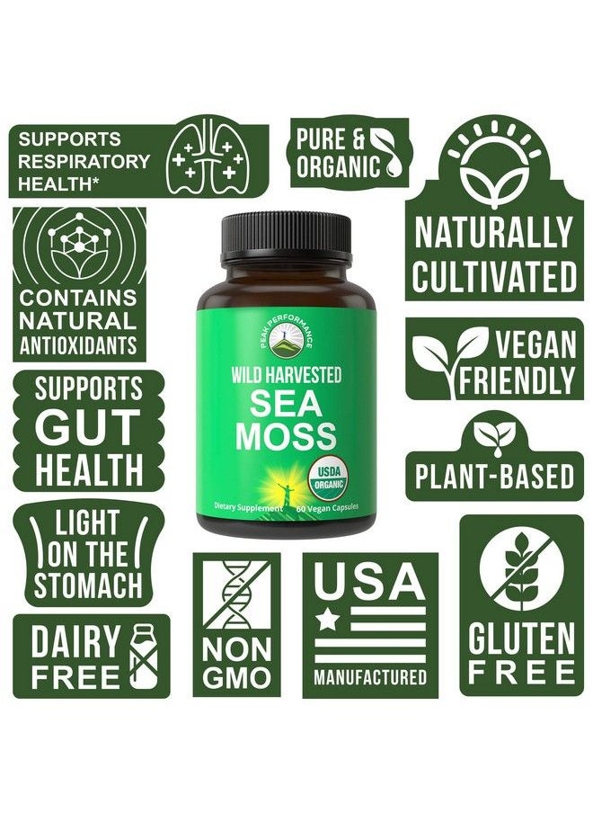 Peak Performance - Organic Sea Moss Capsules. Wild Harvested Sea Moss Raw Organic Vegan Supplement From Red Algae Seaweed. 100% Whole Extract Raw Irish Seamoss Superfood Pills. For Gut Respiratory Immune Support. - Image 1