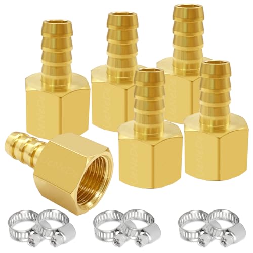 Uenede 6PCS Brass Hose Barb Fittings 1/4" NPT Female to 1/4" Barb Adapter Connector Include 6 Stainless Steel Clamps for Water/Oil/Gas - Image 1