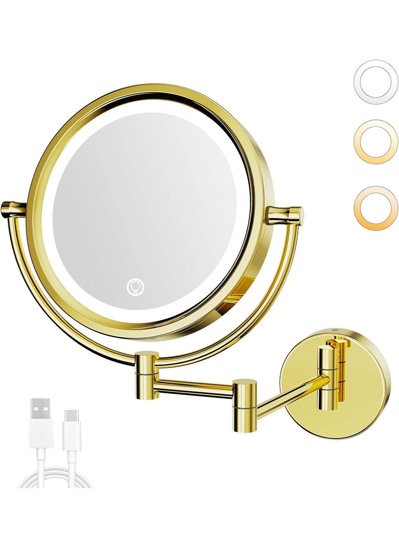 GURUN GURUN 10x Magnifying Mirror with Light Wall Mounted Makeup Mirror Dimmable 3 Color LED Beauty Mirror Touch Screen Brass Rechargeable Cosmetic Mirror with Extension Arm-Polished Gold 