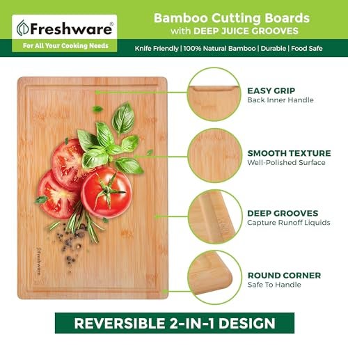 Freshware ألواح تقطيع خشبية من فريش وير للمطبخ - مجموعة ألواح تقطيع من الخيزران مكونة من 3 قطع، ألواح تقطيع مع أخاديد للعصير، مجموعة ألواح تقديم، لوح تقطيع للحوم والخضار، مقبض سهل الإمساك (9x6 بوصة، 12x8 بوصة، 15x10 بوصة) - Image 2