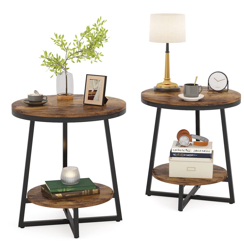 Tribesigns End Table, 2 Tier Round Side Table with Storage Shelf, Industrial Nightstand Bedside Table Coffee Accent Table for Living Room Bedroom Small Space, Rustic Brown - Image 1
