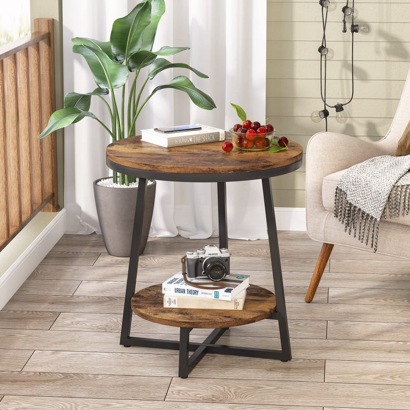 Tribesigns End Table, 2 Tier Round Side Table with Storage Shelf, Industrial Nightstand Bedside Table Coffee Accent Table for Living Room Bedroom Small Space, Rustic Brown - Image 2