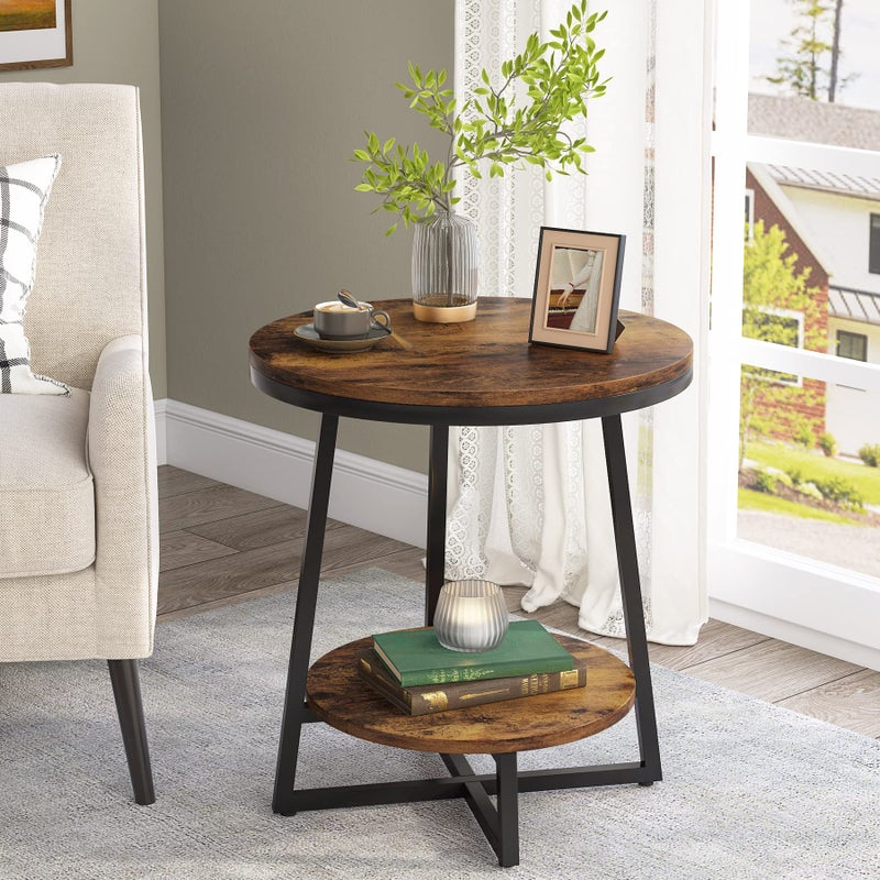 Tribesigns End Table, 2 Tier Round Side Table with Storage Shelf, Industrial Nightstand Bedside Table Coffee Accent Table for Living Room Bedroom Small Space, Rustic Brown - Image 3