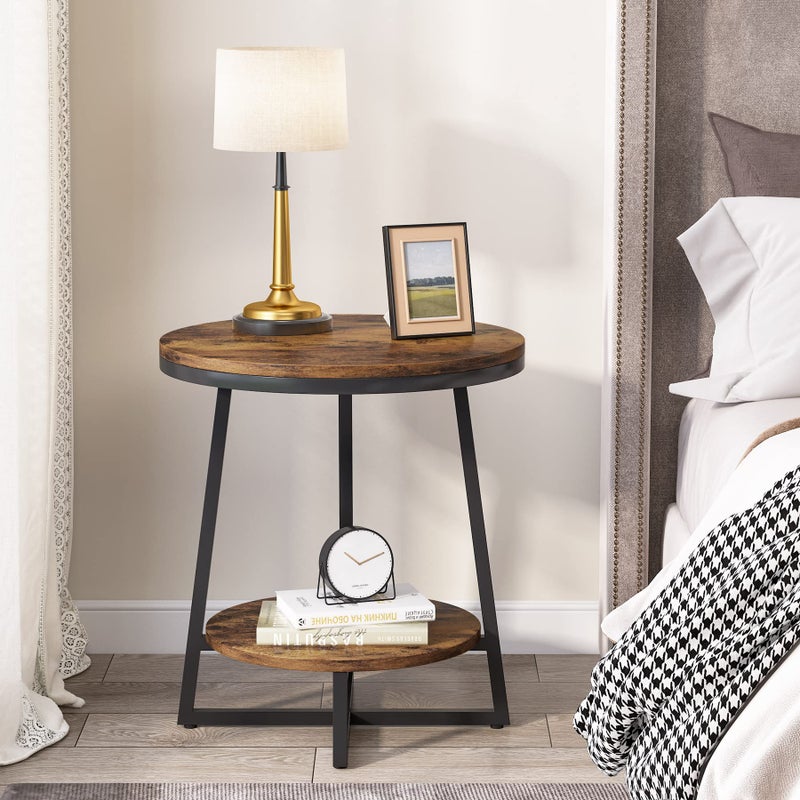 Tribesigns End Table, 2 Tier Round Side Table with Storage Shelf, Industrial Nightstand Bedside Table Coffee Accent Table for Living Room Bedroom Small Space, Rustic Brown - Image 4