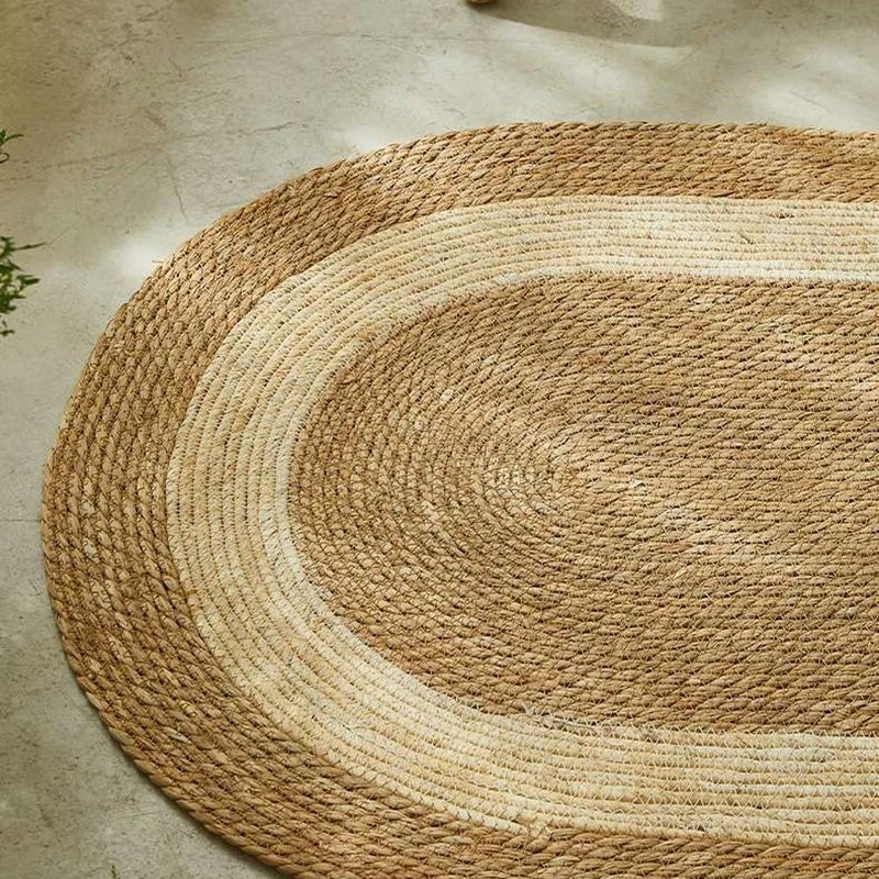 LINGWEI Jute Rug Carpet Oval Jute Rug with White Line Design Floor Mat Carpet Jute Door Mat For Living room Bedroom Area Rug Carpet Oval Jute Rug with White For Indoor and Outdoor (130x70cm (Small)) - Image 4