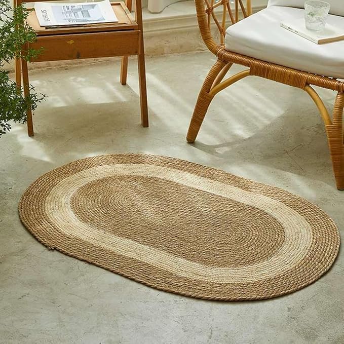 LINGWEI Jute Rug Carpet Oval Jute Rug with White Line Design Floor Mat Carpet Jute Door Mat For Living room Bedroom Area Rug Carpet Oval Jute Rug with White For Indoor and Outdoor (130x70cm (Small)) - Image 1