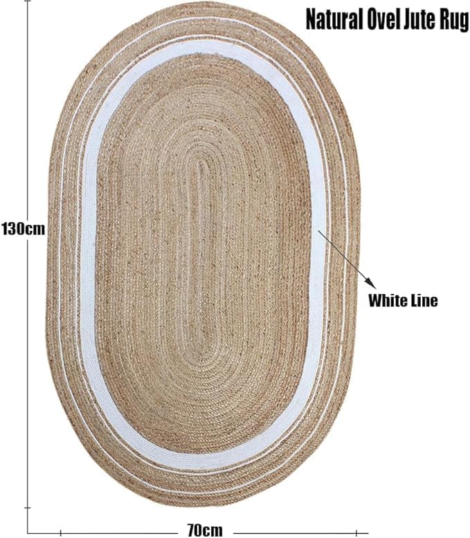 LINGWEI Jute Rug Carpet Oval Jute Rug with White Line Design Floor Mat Carpet Jute Door Mat For Living room Bedroom Area Rug Carpet Oval Jute Rug with White For Indoor and Outdoor (130x70cm (Small)) - Image 2