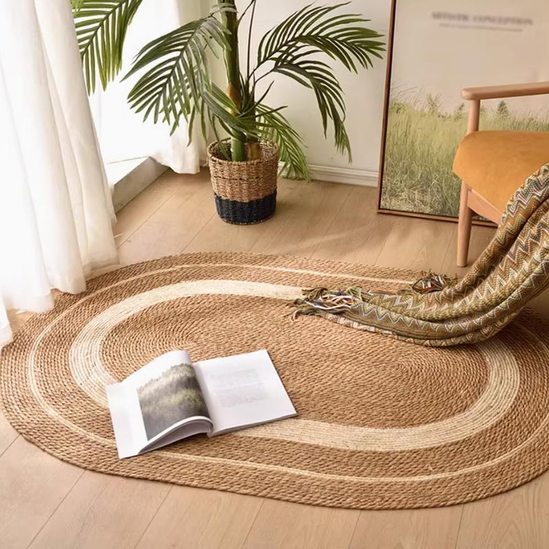 LINGWEI Jute Rug Carpet Oval Jute Rug with White Line Design Floor Mat Carpet Jute Door Mat For Living room Bedroom Area Rug Carpet Oval Jute Rug with White For Indoor and Outdoor (130x70cm (Small)) - Image 5