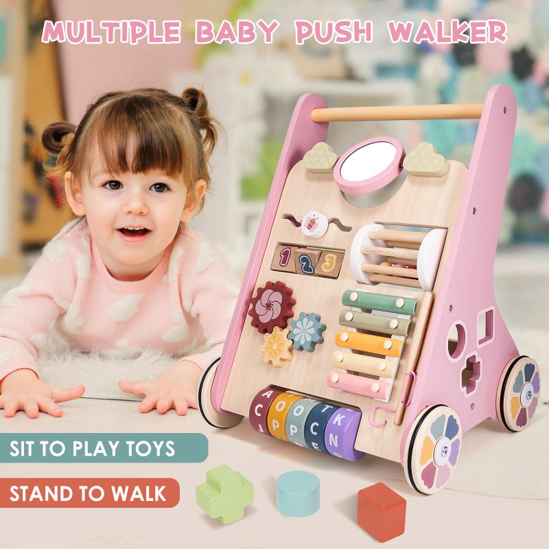 Takeeyce Wooden Baby Walker with Wheels, Adjustable Speed Baby Push Walker, Montessori Walking Toys for Girls Boys, Push and Pull Learning with Baby Activity Center, Christmas Birthday Gifts for Toddler - Image 2