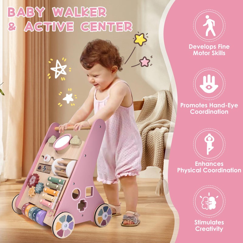 Takeeyce Wooden Baby Walker with Wheels, Adjustable Speed Baby Push Walker, Montessori Walking Toys for Girls Boys, Push and Pull Learning with Baby Activity Center, Christmas Birthday Gifts for Toddler - Image 5