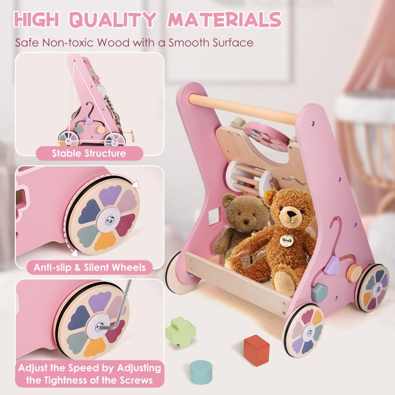 Takeeyce Wooden Baby Walker with Wheels, Adjustable Speed Baby Push Walker, Montessori Walking Toys for Girls Boys, Push and Pull Learning with Baby Activity Center, Christmas Birthday Gifts for Toddler - Image 3