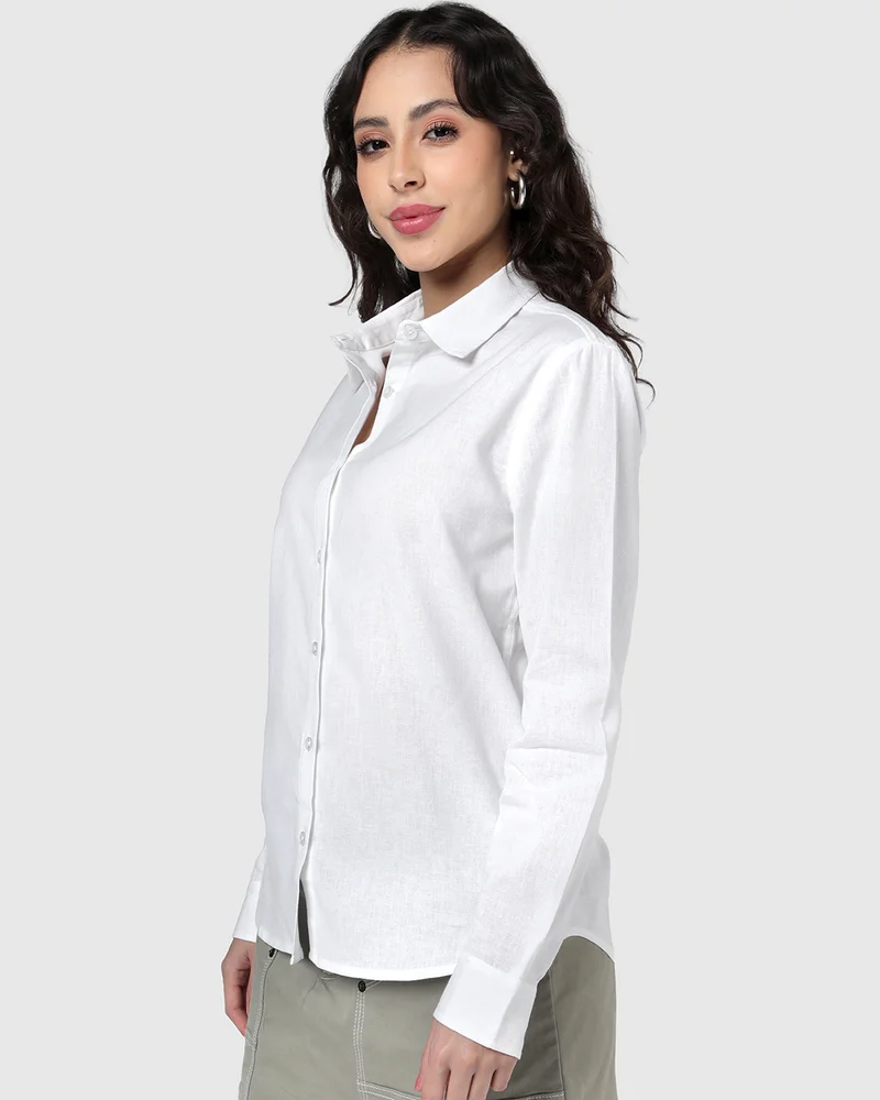 بيواكوف Women's White Oversized Cotton Linen Shirt