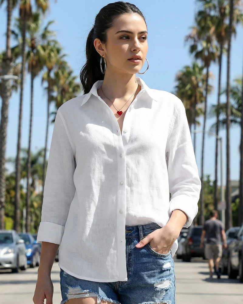 بيواكوف Women's White Oversized Cotton Linen Shirt