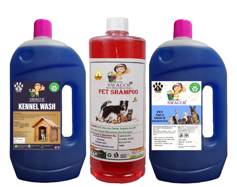 swacch Kennel Wash (Lavender) + Pet Shampoo (Strawberry) I Pet Aqua Odour Remover (Lavender) 1 Litre Combo Pack of 3 Economical Pack I Dog and Cat Friendly - Image 1