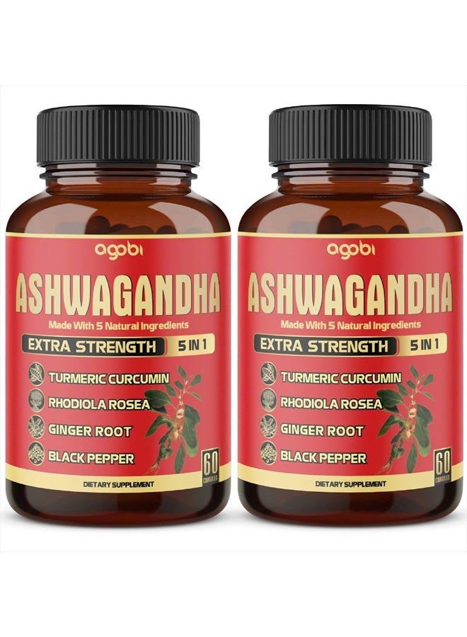 agobi 2 Packs - 60 Capsules Ashwagandha Capsules - High Concentrated - 5in1 Formula Ashwagandha, Turmeric, Rhodiola Rosea, Ginger, Black Pepper - 4 Month Supply - Image 1