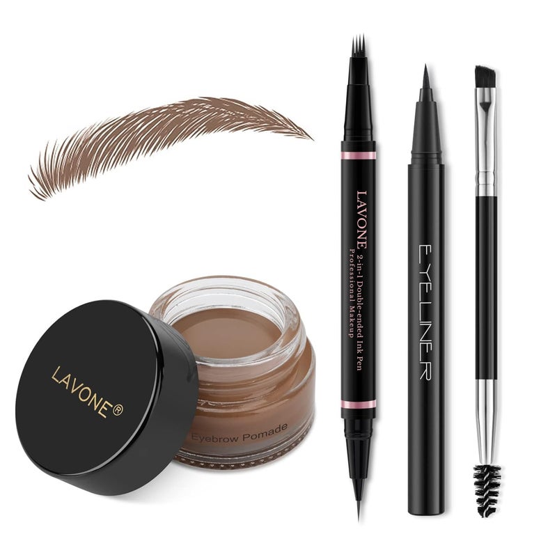 LAVONE Eyebrow Pencil Makeup Kit, with Waterproof 2-IN-1 Microblading Eyebrow Pen, Eyebrow Pomade, Eyeliner and Dual-ended Eyebrow Brush, Brow Pencil Kit for Natural Eyebrows - Chocolate - Image 1