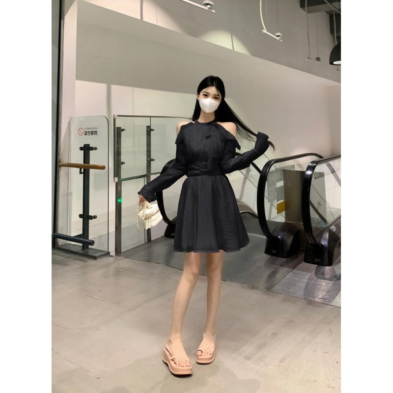 Autumn New plus size chubby girl Shoulder Neck Design Tight Waist Slim Long Short dress Black short style