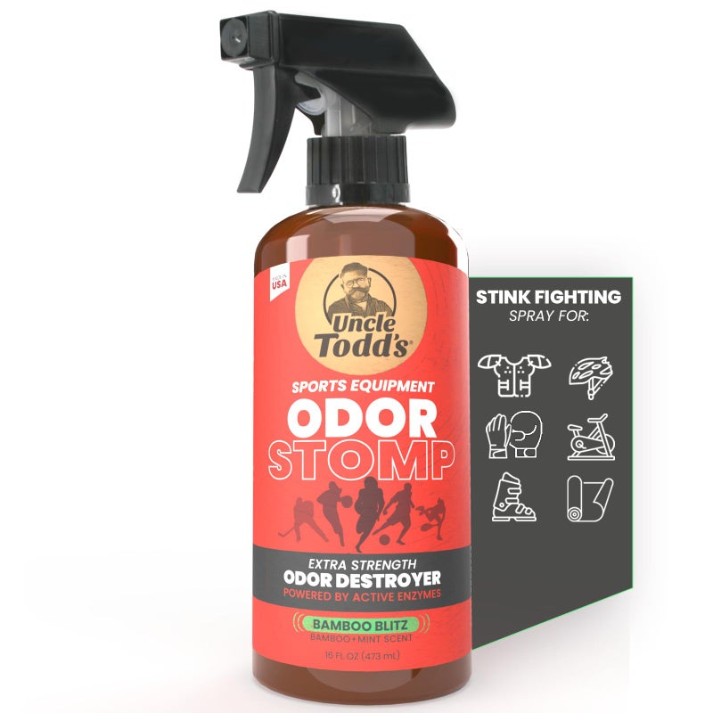 Uncle Todd's Uncle Toddâ€™s Odor Stomp Sports Equipment Odor Eliminator Spray - Extra Strength Enzyme-Powered Deodorizer for Football, Hockey, Gym Bags, and Athletic Gear - Bamboo Blitz Scent - 16 oz - Image 1