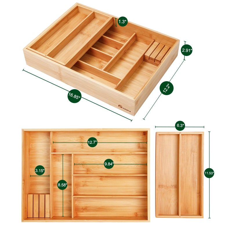COIWAI Double Layer Bamboo Kitchen Drawer Organizer Cutlery Utensil Silverware Drawer Organizer, Silverware Tray for Drawer Removable Utensil Holder Flatware Organizer Multi-use Storage Box (L) - Image 3