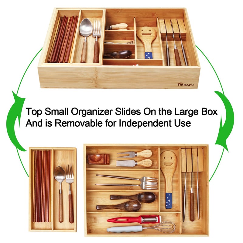 COIWAI Double Layer Bamboo Kitchen Drawer Organizer Cutlery Utensil Silverware Drawer Organizer, Silverware Tray for Drawer Removable Utensil Holder Flatware Organizer Multi-use Storage Box (L) - Image 5