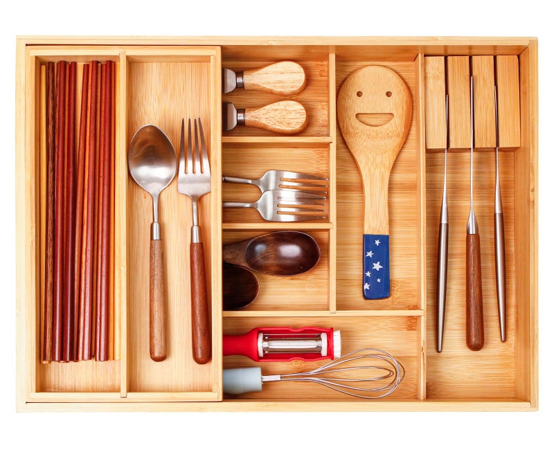 COIWAI Double Layer Bamboo Kitchen Drawer Organizer Cutlery Utensil Silverware Drawer Organizer, Silverware Tray for Drawer Removable Utensil Holder Flatware Organizer Multi-use Storage Box (L) - Image 1