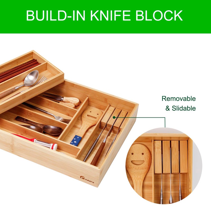 COIWAI Double Layer Bamboo Kitchen Drawer Organizer Cutlery Utensil Silverware Drawer Organizer, Silverware Tray for Drawer Removable Utensil Holder Flatware Organizer Multi-use Storage Box (L) - Image 4