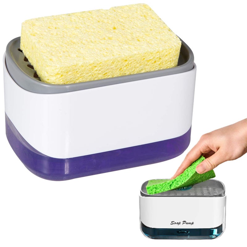 Dish Soap Dispenser for Kitchen and Sponge Holder Countertop 2in1 One Hand Soap Pump DispenserWhiteDish Sponge