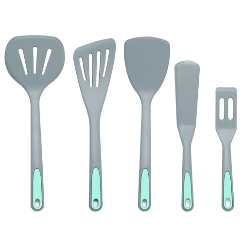 To encounter 5 Pieces Silicone Spatula Set, Non-Stick Silicone Turner Spatulas, Heat Resistance Cooking Utensils, Flip Turner for Fish, Egg, Pancake,Dishwasher Safe, Light Grey - Image 1