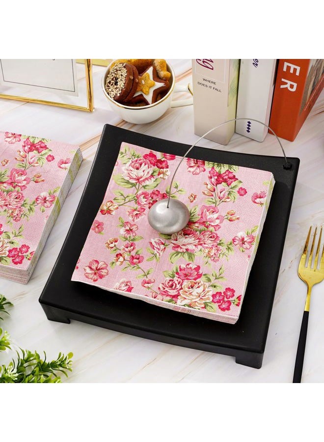 AnyDesign 50 Pack Vintage Floral Paper Napkins Pink Flower Disposable Napkins Retro Spring Luncheon Dinner Napkins for Birthday Wedding Party Supplies Table Decor, 6.5 x 6.5 Inch - Image 3