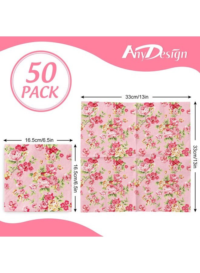 AnyDesign 50 Pack Vintage Floral Paper Napkins Pink Flower Disposable Napkins Retro Spring Luncheon Dinner Napkins for Birthday Wedding Party Supplies Table Decor, 6.5 x 6.5 Inch - Image 2