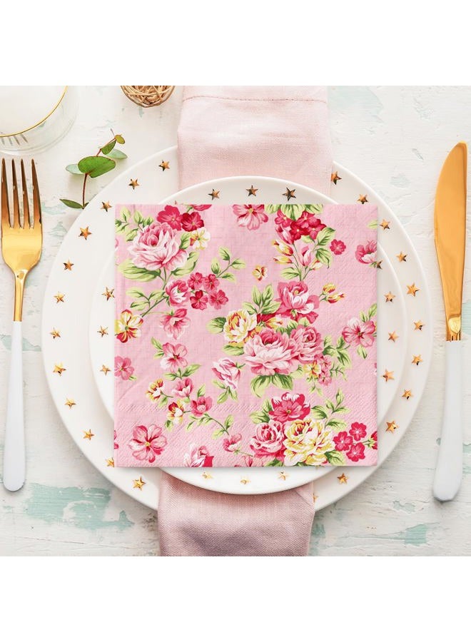 AnyDesign 50 Pack Vintage Floral Paper Napkins Pink Flower Disposable Napkins Retro Spring Luncheon Dinner Napkins for Birthday Wedding Party Supplies Table Decor, 6.5 x 6.5 Inch - Image 4