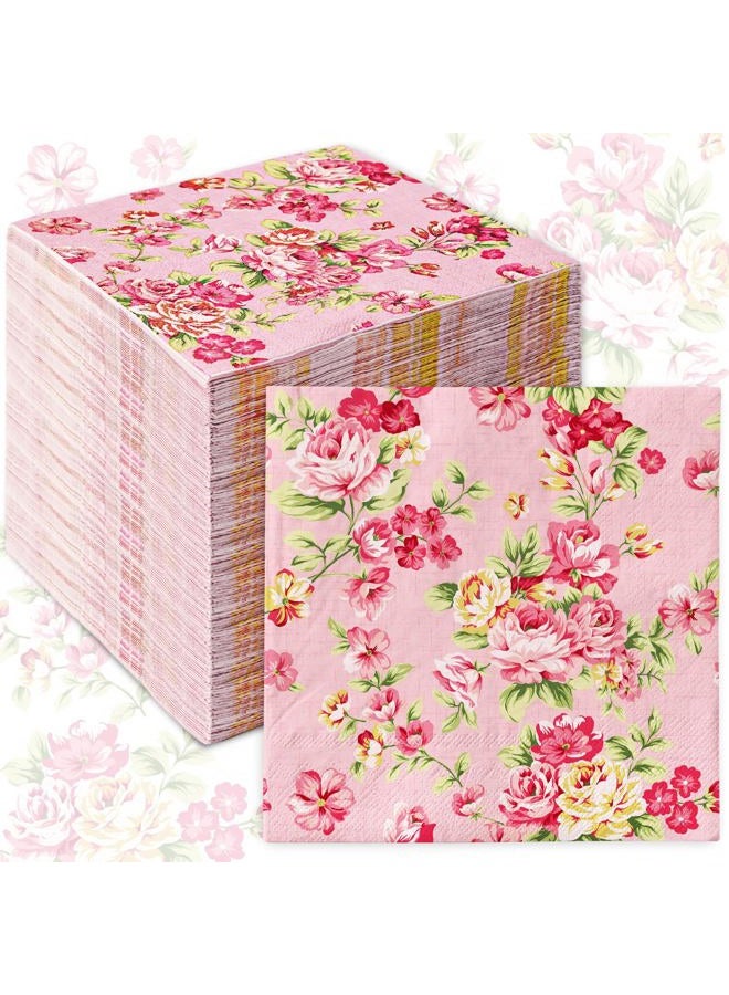 AnyDesign 50 Pack Vintage Floral Paper Napkins Pink Flower Disposable Napkins Retro Spring Luncheon Dinner Napkins for Birthday Wedding Party Supplies Table Decor, 6.5 x 6.5 Inch - Image 1